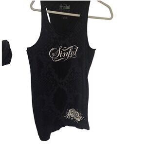 Sinful Black Rhinestone Wings Rose Tank Top Womens Small‎ Racerback